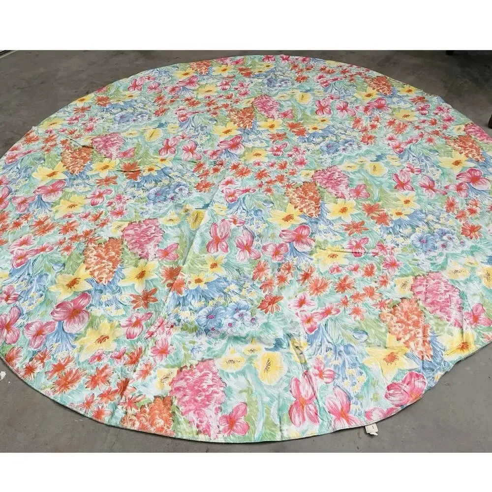 Vinyl Flannel Back Tablecloth Round FLOWER Power Yellow Pink Blue Vintage Green